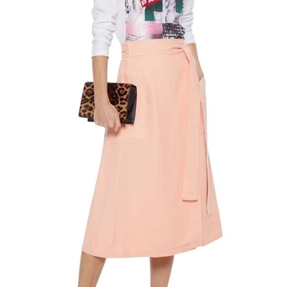 Sandro Paris Women Baby Pink Wrap Linen Midi Skirt Tie Waist Pockets Size 1 (S) - Picture 1 of 8